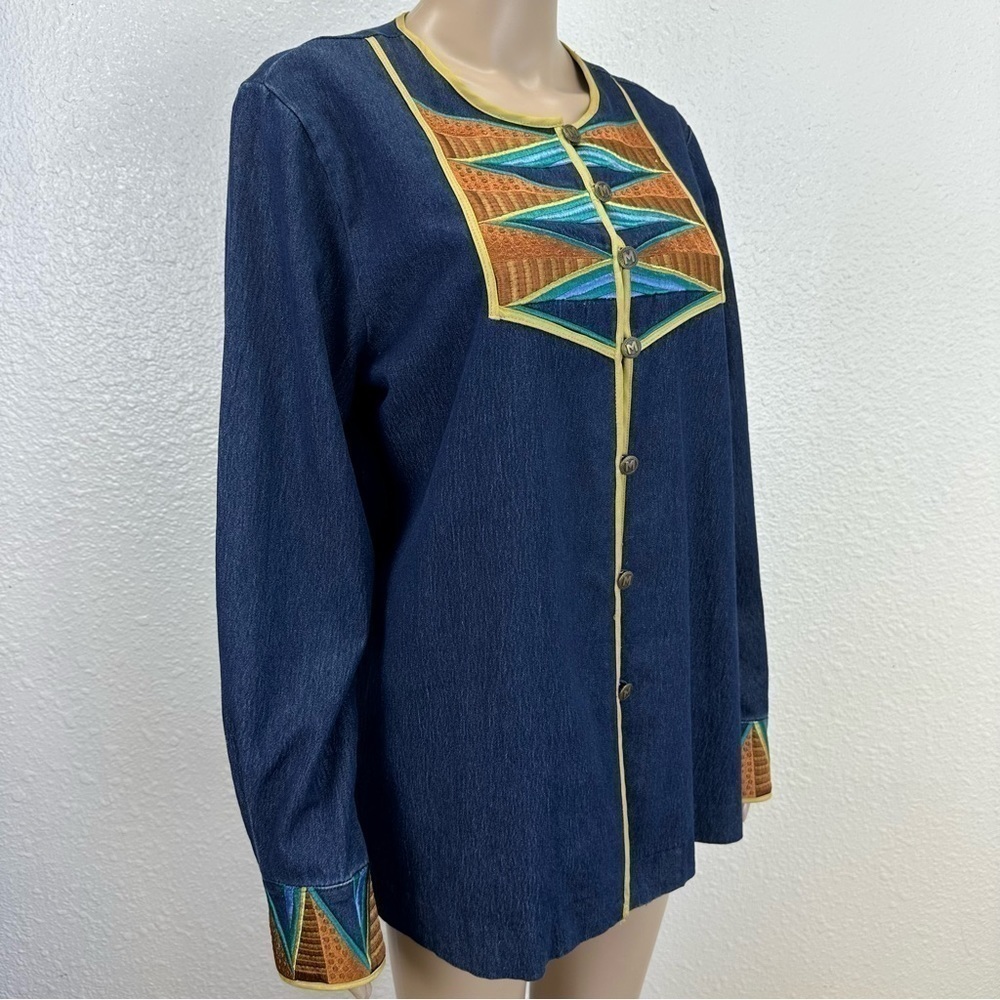 BOB MACKIE wearable art denim Shacket M southwestern heavy embroidered rodeo - Picture 10 of 14